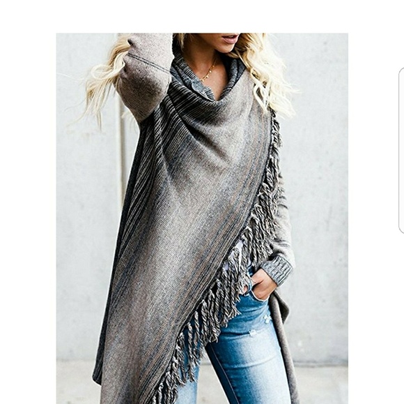 BECHET Grey Striped Boho Fringe Poncho  Sweater - Picture 4 of 8